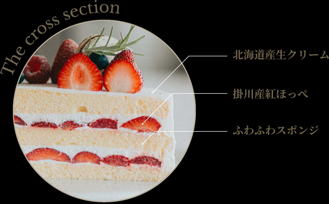 The cross section 北海道産生クリーム、ふわふわスポンジ、掛川産紅ほっぺ